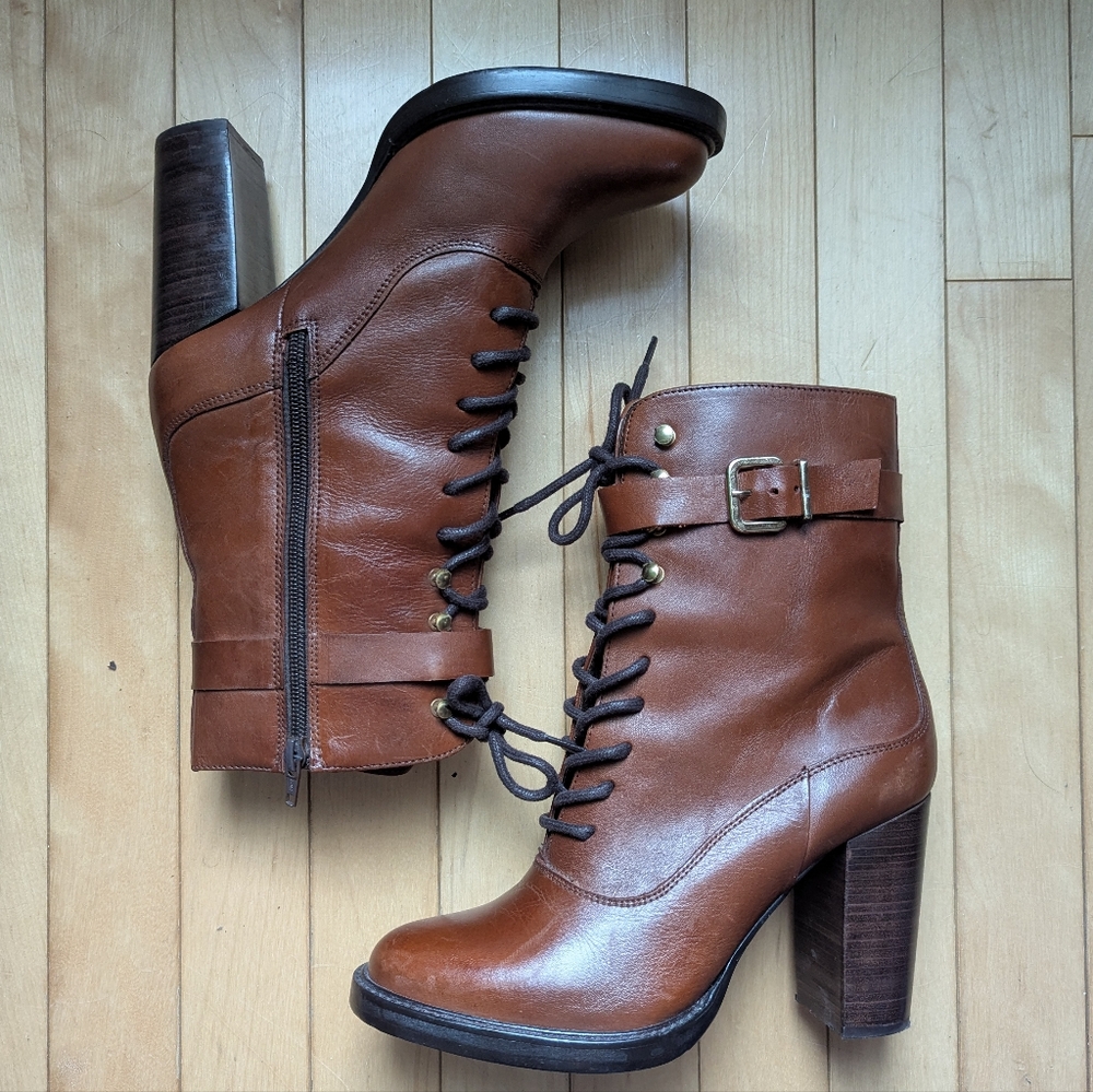 Brown Genuine Leather Lace Up Boots Sz 37 / 7.5-8